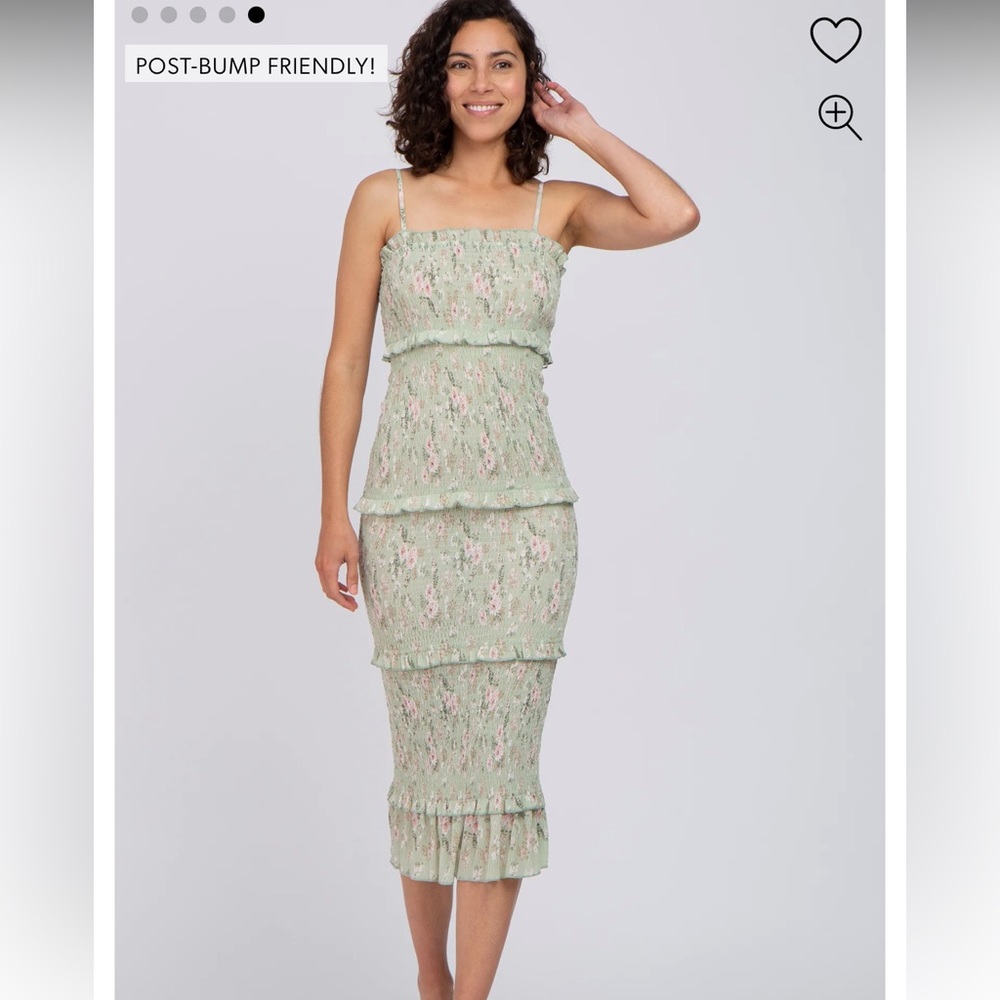Sage Floral Smocked Fitted Maternity Midi Dress